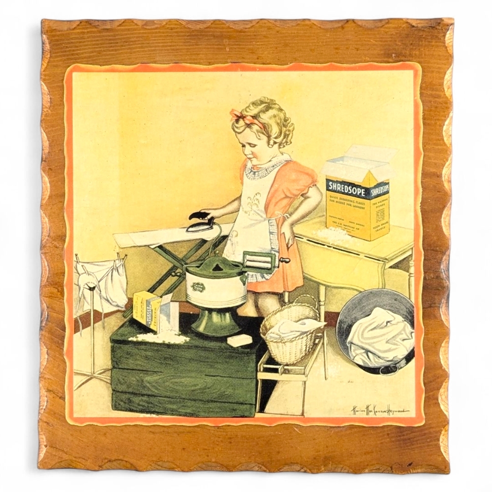 Wood Plaque Decoupage Art Girl Ironing Marion MacKenzie Heywood 9" x 8"